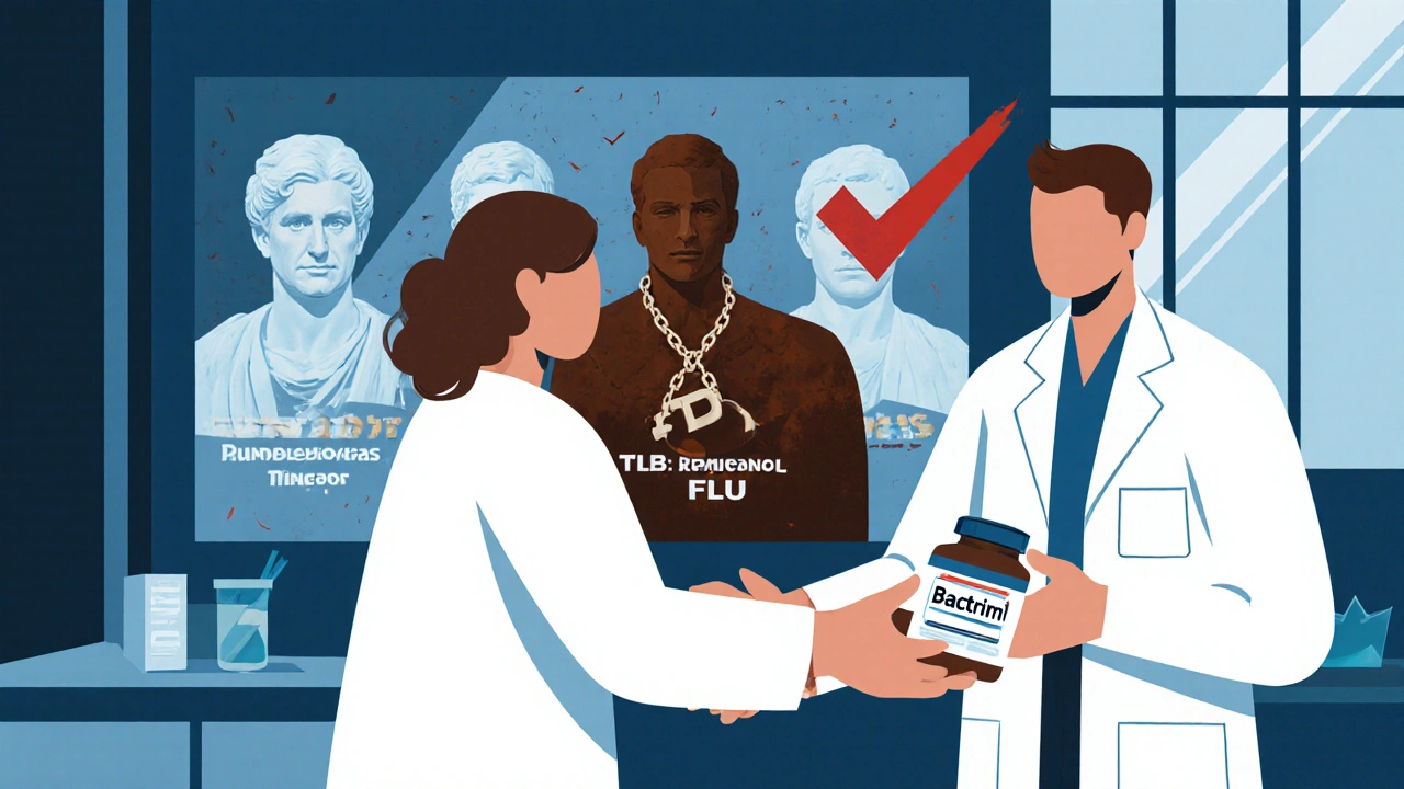 Doctor giving prophylaxis pill while vaccines rise as monumental art, dormant TB chained and neutralized.