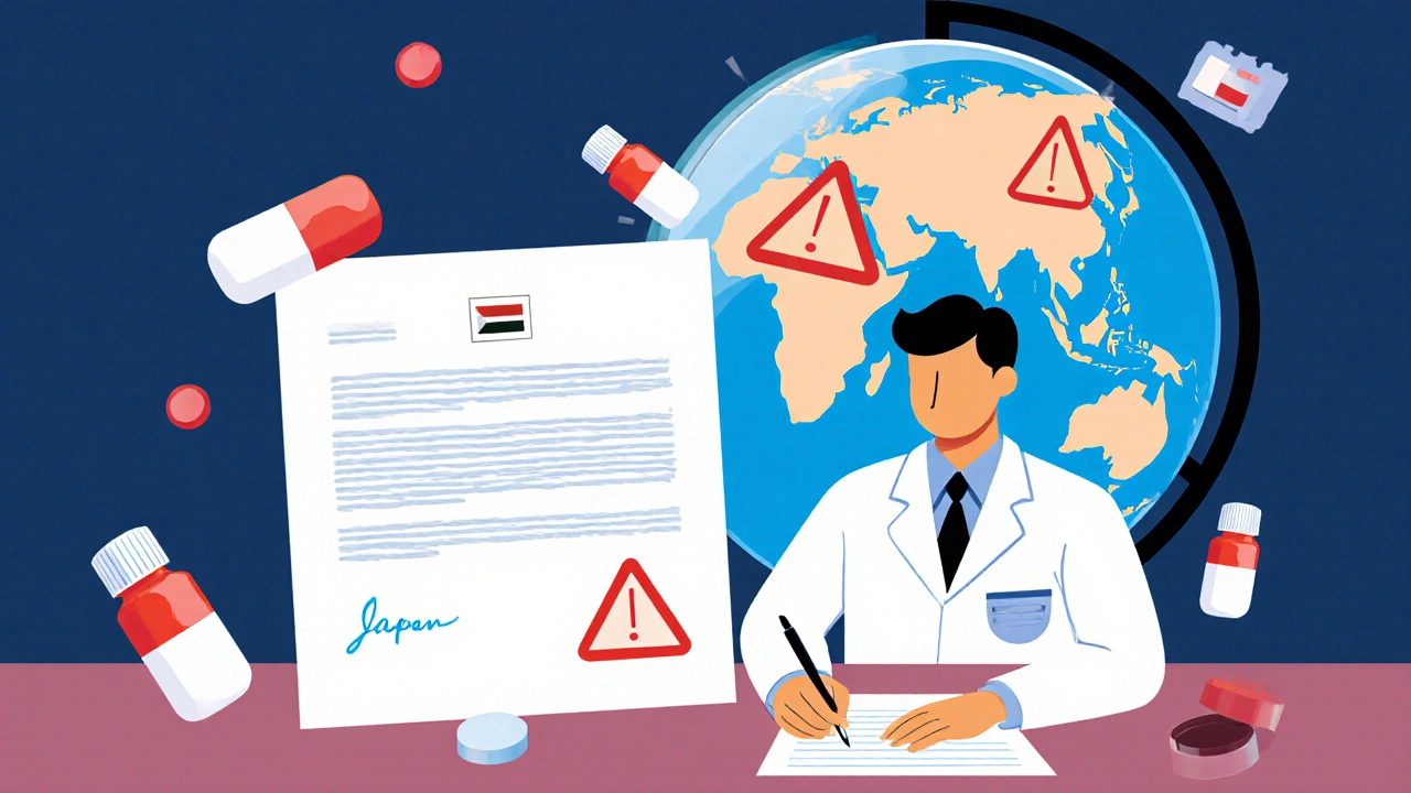 Doctor writing a notarized letter for international medication travel, with warning symbols over global destinations.