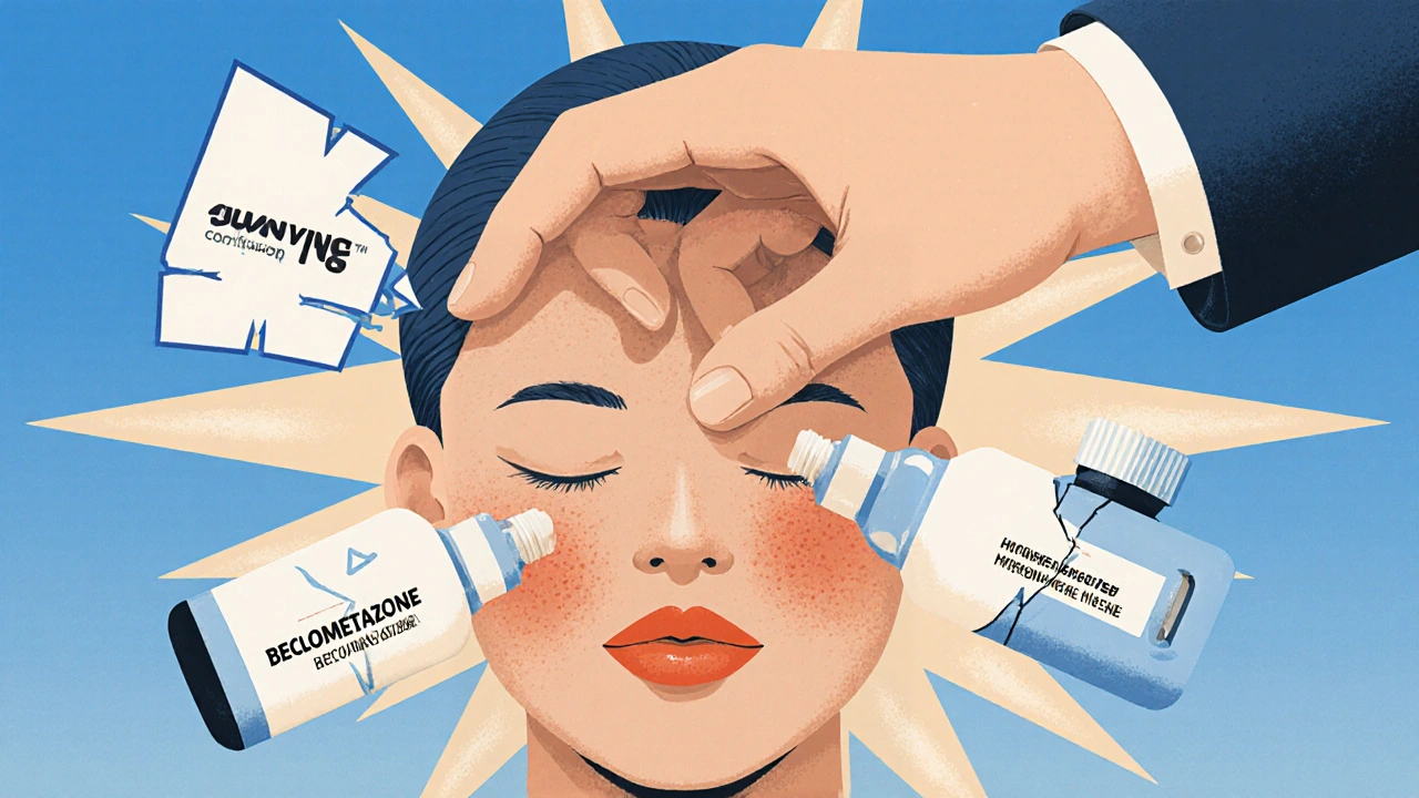 Face rash healing with safe topical treatment while steroid side effects shatter behind it