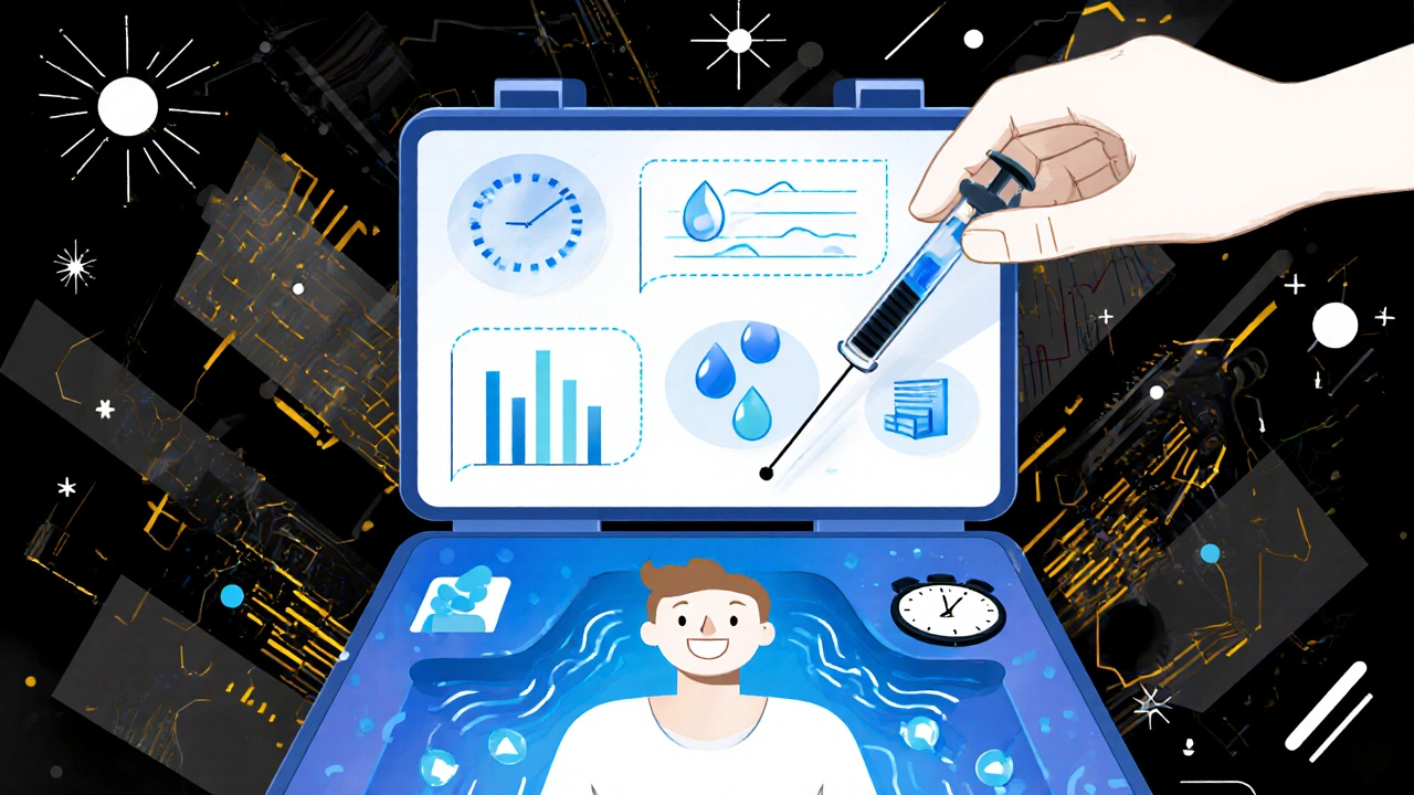 Futuristic medical toolkit with symptom tracker, hydration, and protein icons, symbolizing smart GLP-1 treatment support.