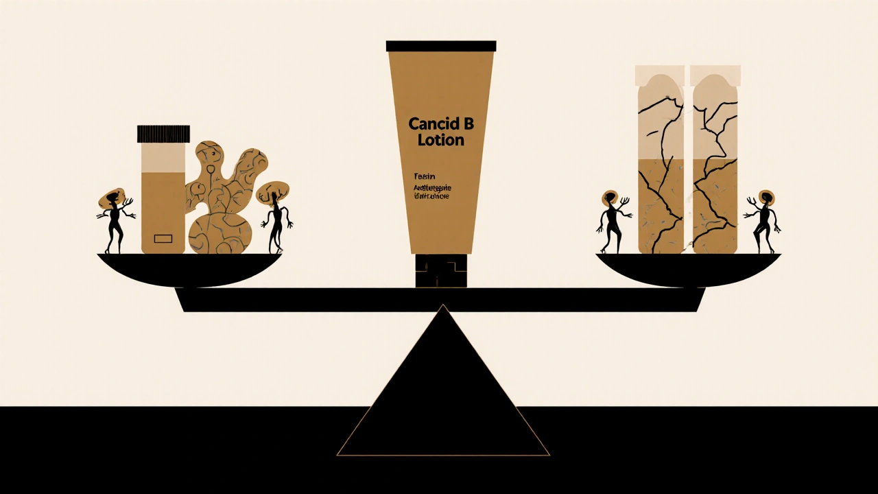 Medical scale balancing Candid B Lotion against alternative antifungals with geometric symbolism