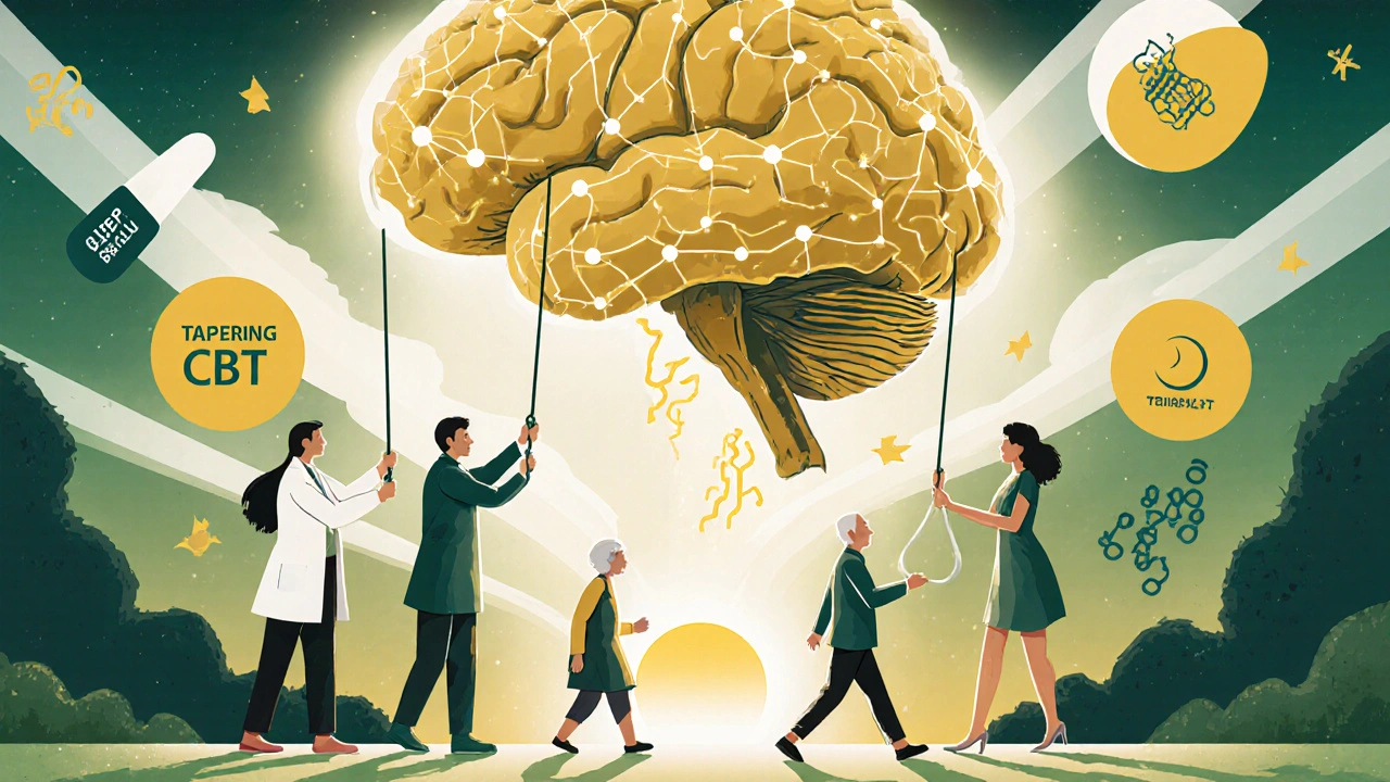 Medical team lowering a crumbling benzodiazepine pill tower as senior walks toward a healthy sunrise brain.