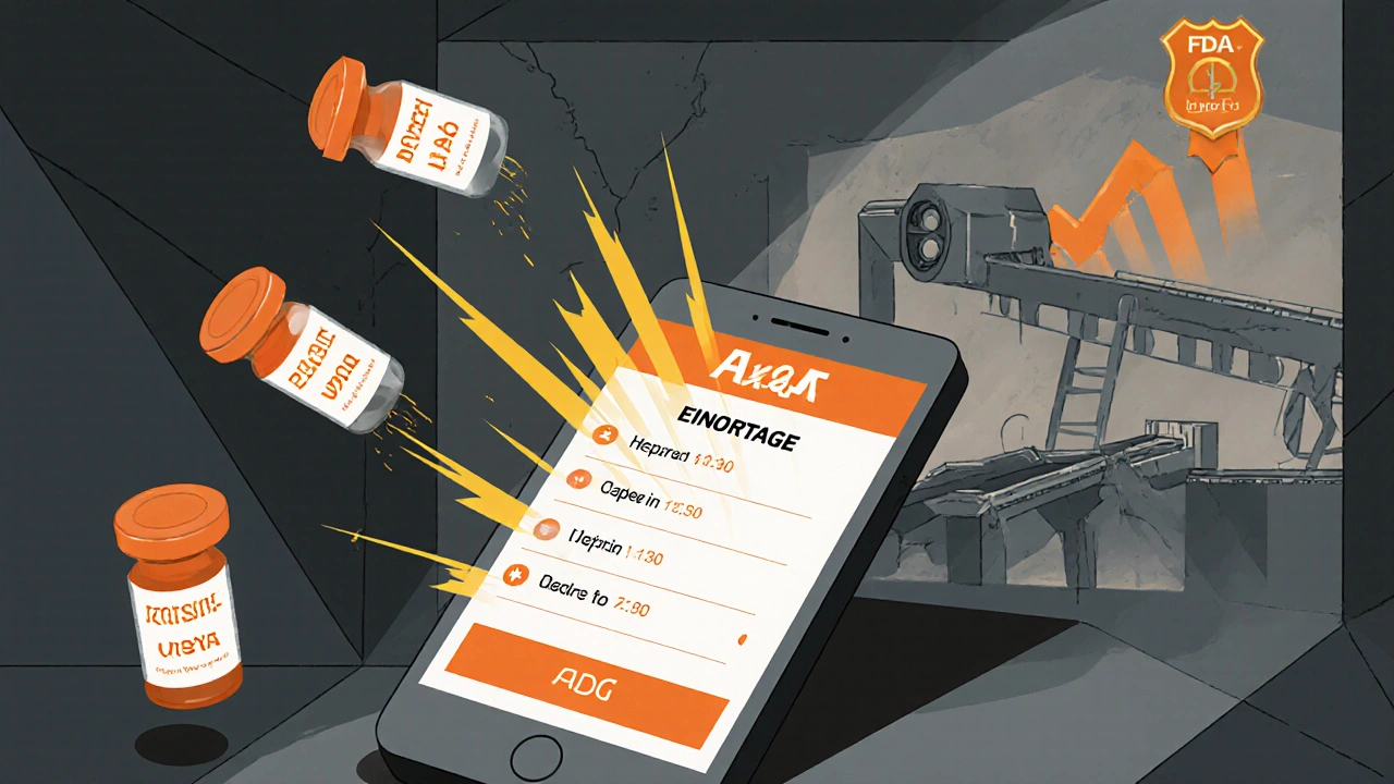 Mobile app alert projecting extended use dates for critical drugs with factory backdrop