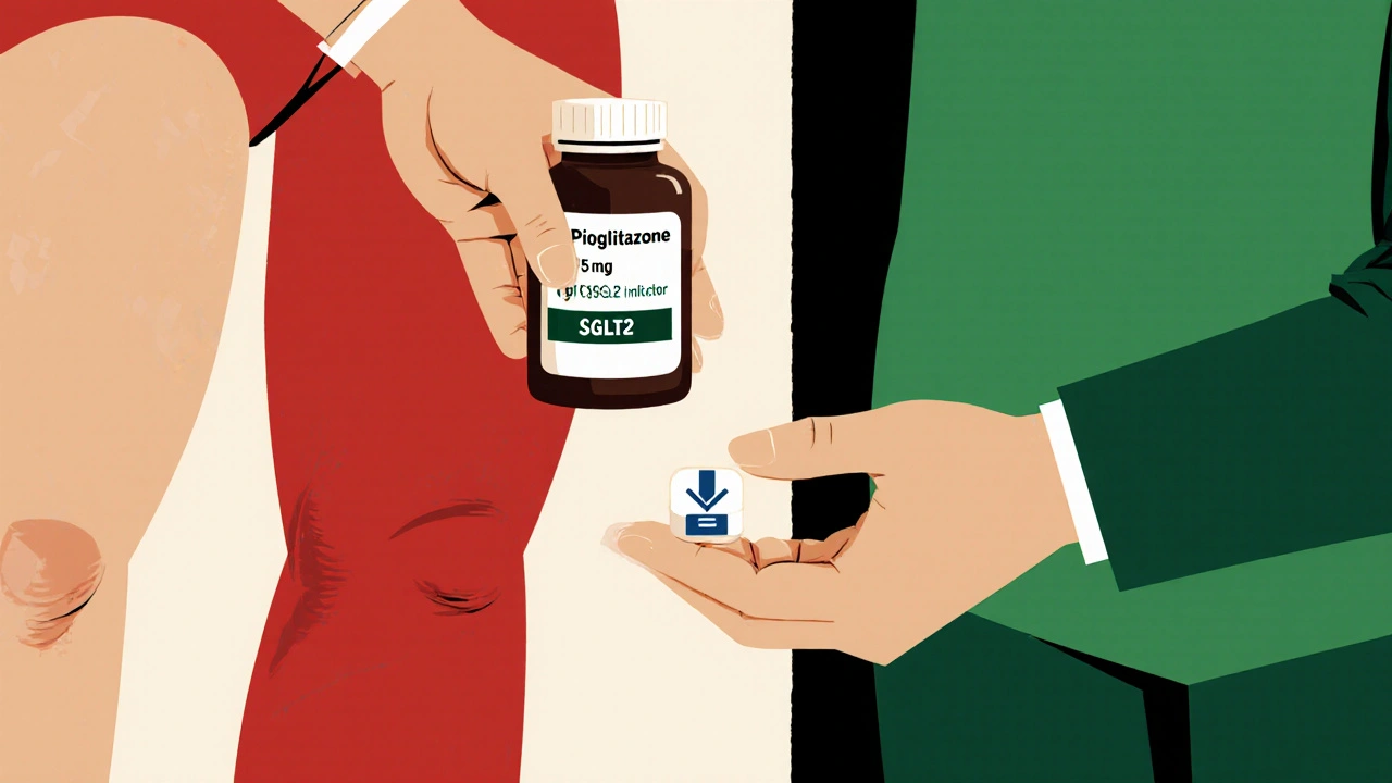 Patient receiving low-dose TZD and SGLT2 inhibitor tablets, with contrasting swollen and balanced body sides.