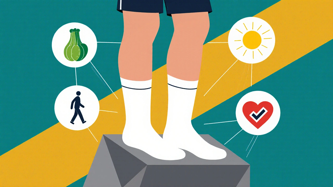 Person elevating legs with health icons, wearing compression socks in geometric Constructivist design.