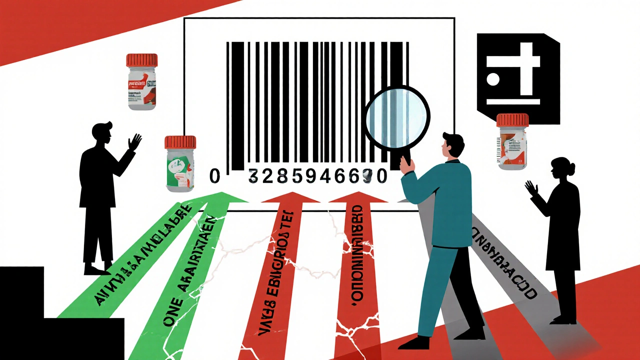 Pharmacist examining a split NDC barcode showing available, shortage, and discontinued statuses