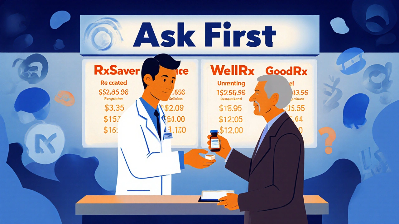 Pharmacist giving medication as digital price comparisons glow behind them, &#039;Ask First&#039; banner visible.