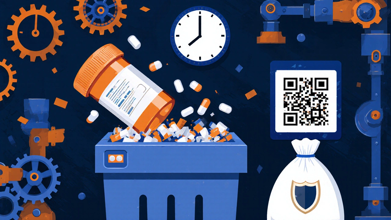 Shredder destroying pill bottle into fragments, clock ticking toward 24-hour deadline