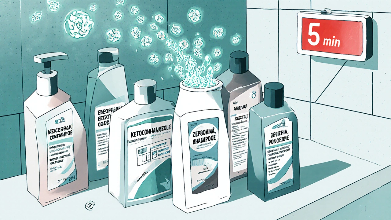 Six medicated shampoos arranged geometrically, one pouring antifungal particles onto floating flakes.