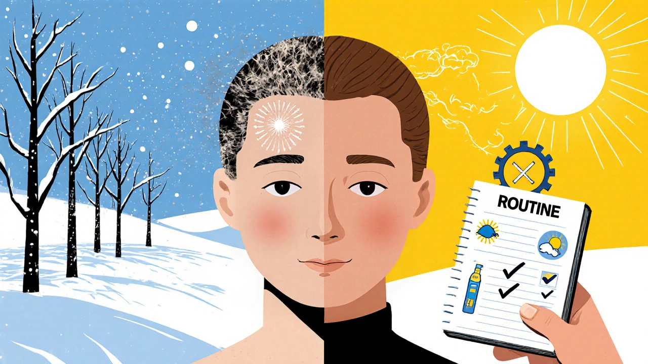 Split-face portrait showing flaky scalp in winter vs. healthy skin in sunlight, connected by a routine gear.