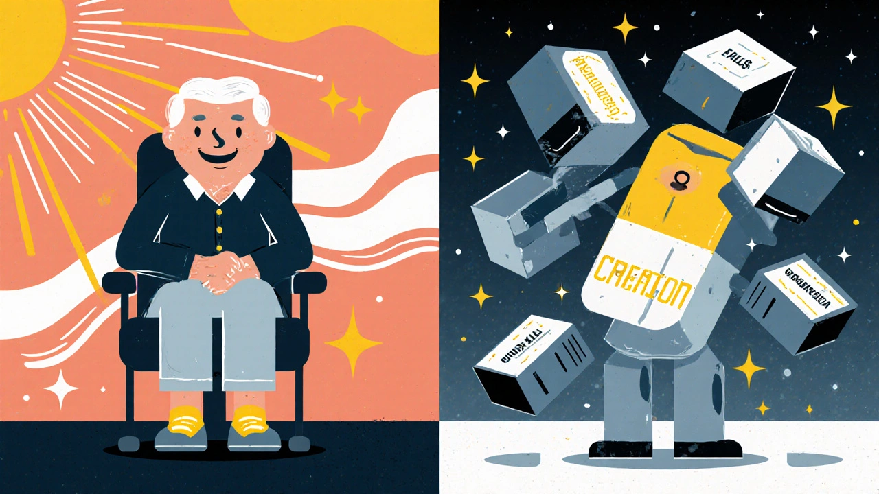 Split illustration: senior under crushing pills vs. same person benefiting from CBT-I therapy with positive rays.