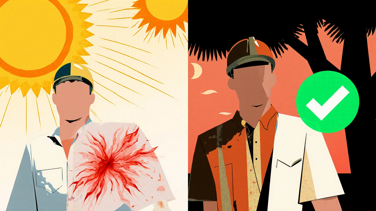 Split image showing sunburn risk versus safe outdoor behavior with protective gear and timing.