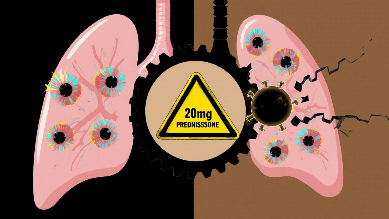 Split lung comparison: healthy vs. infected by fungal spores under steroid influence, divided by a broken gear.