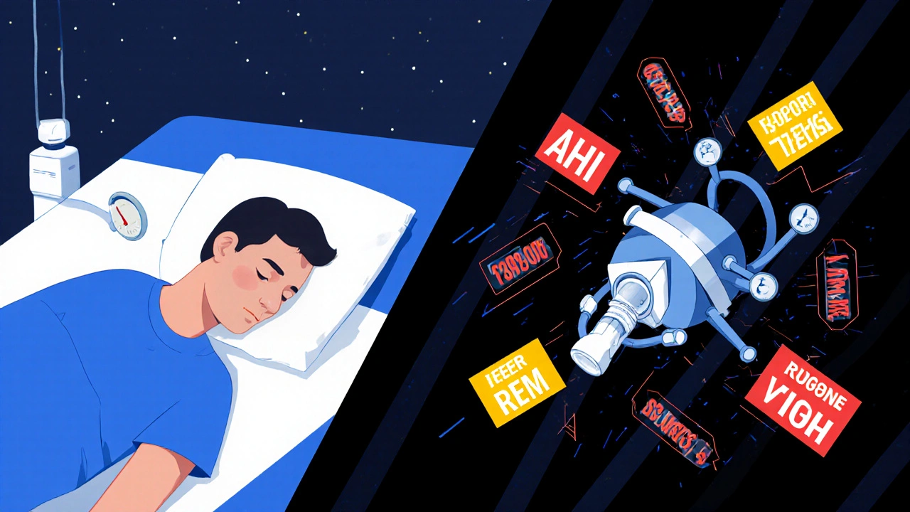 Split-night sleep study showing CPAP adjustment with mechanical arms and kinetic data streams in bold colors against angular backgrounds.