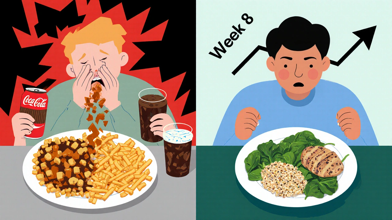Split scene contrasting chaotic unhealthy eating with calm healthy meals during GLP-1 therapy, showing improvement over time.