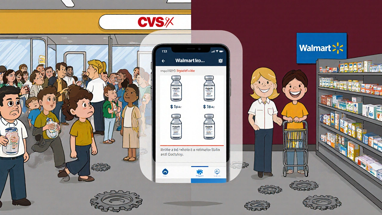 Split scene: frustrated customer at CVS vs. happy shopper at Walmart with insulin prices displayed.