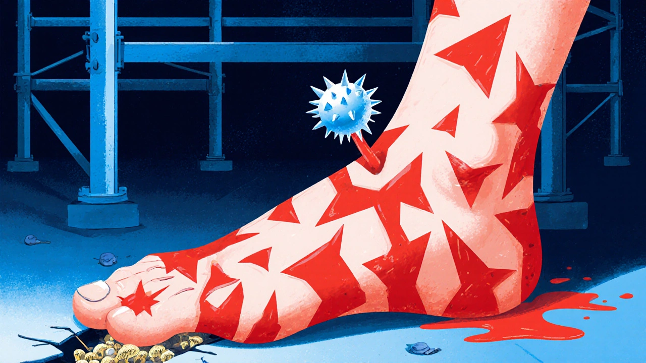 Spreading red cellulitis on leg with jagged abstract shapes and bacteria pushing through skin.