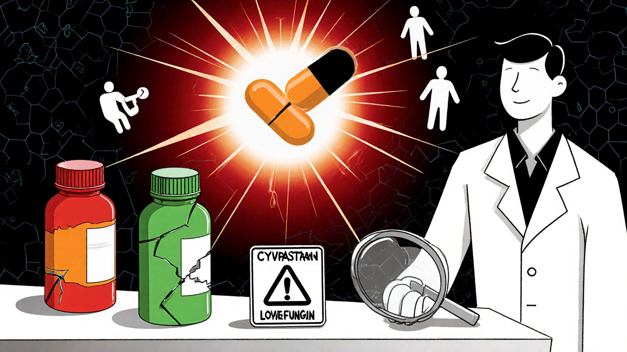 Three statin bottles at a pharmacy counter, one cracked, as a glowing antifungal pill hovers above, pharmacist inspecting a muscle warning sign.