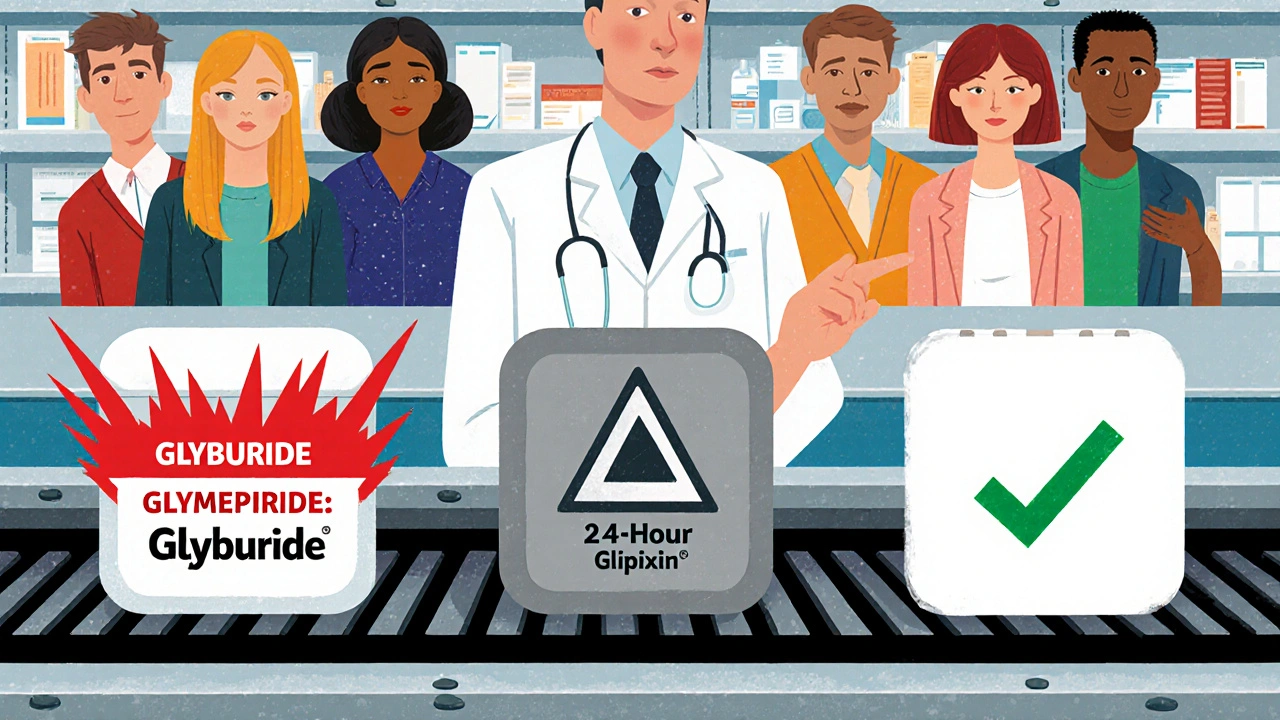 Three sulfonylurea pills on a conveyor belt at a pharmacy, with glyburide marked dangerous and glipizide marked safe.