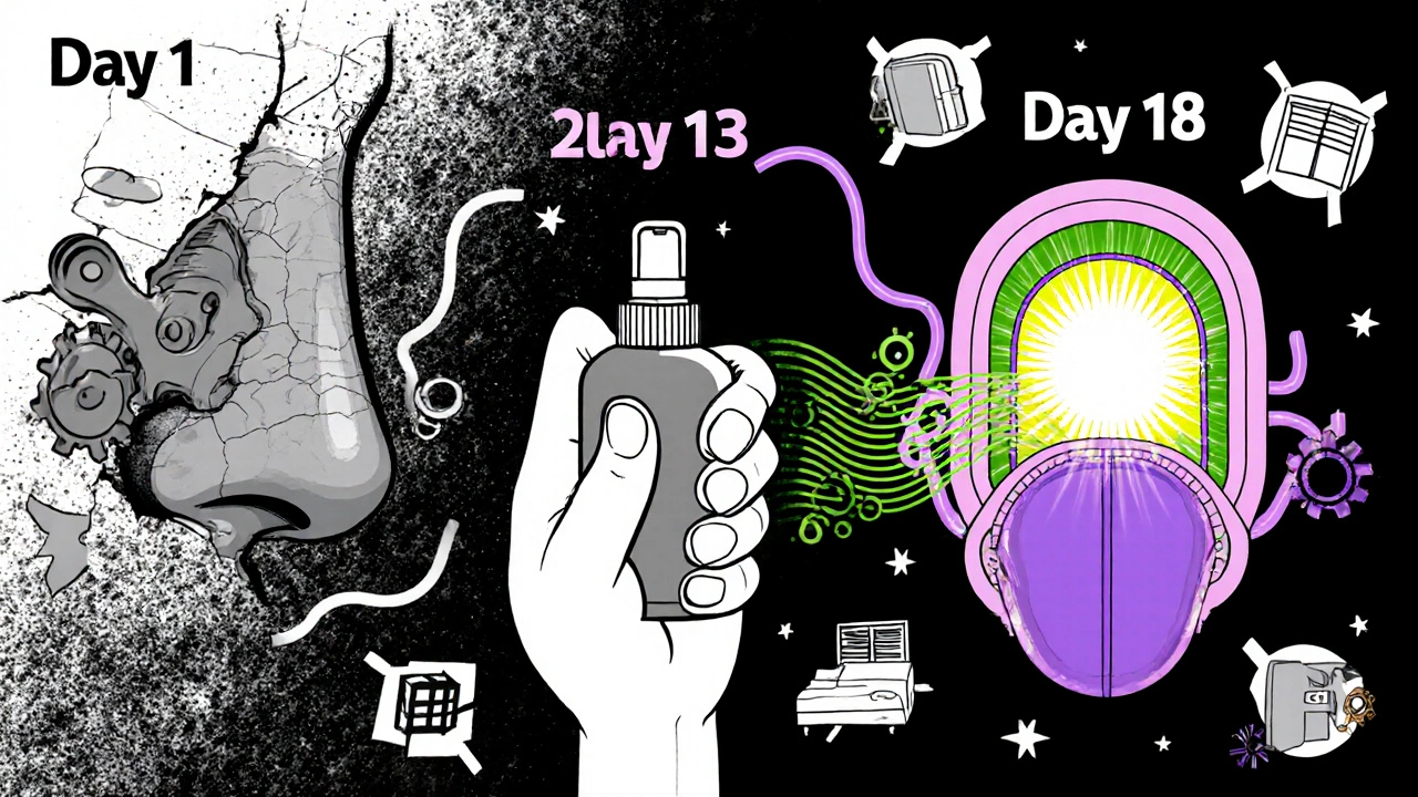Timeline of nasal healing over 18 days shown as mechanical abstract forms with light and color progression.