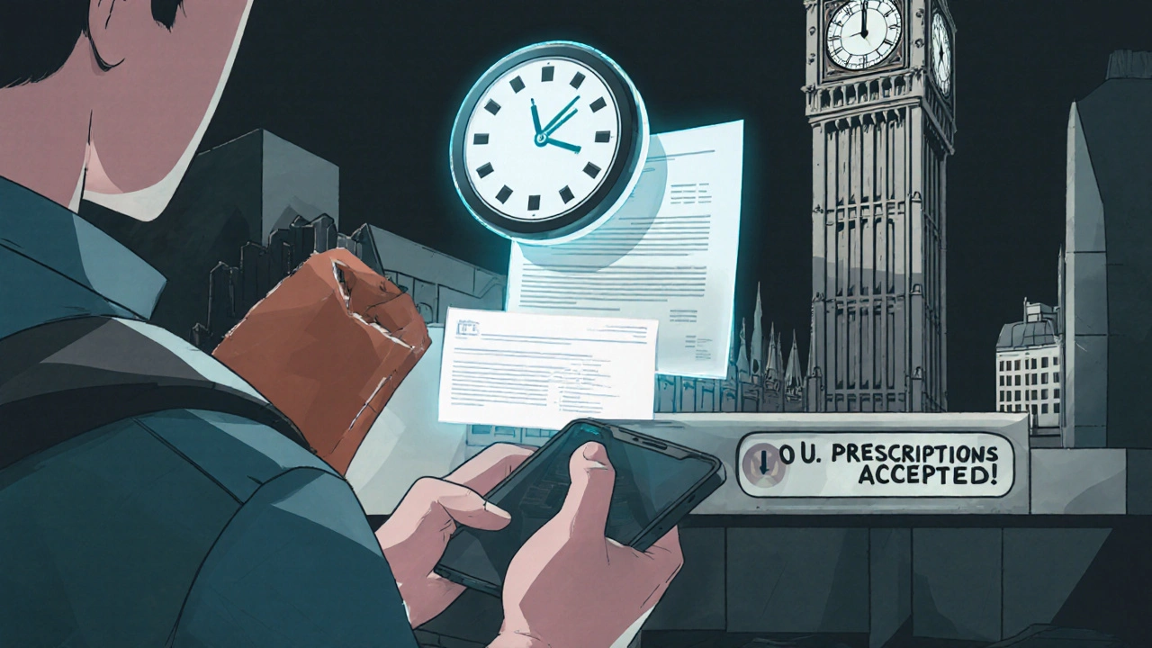 Traveler using a phone app to manage medication times across time zones, with prescription documents nearby.