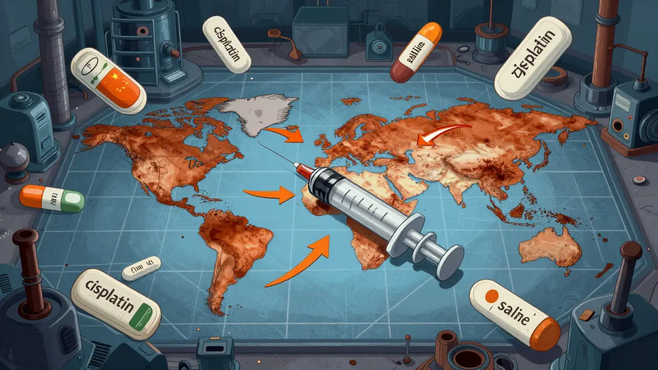 A broken syringe at the center of snapping global supply lines with floating drug labels.