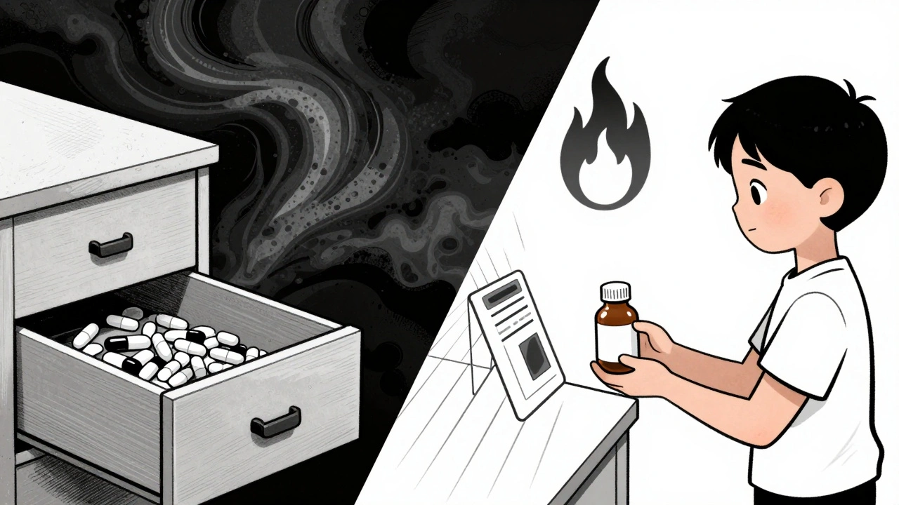 A child reaches for pills in a drawer on one side, safely drops them off at a kiosk on the other, with pollution vs. clean disposal contrast.