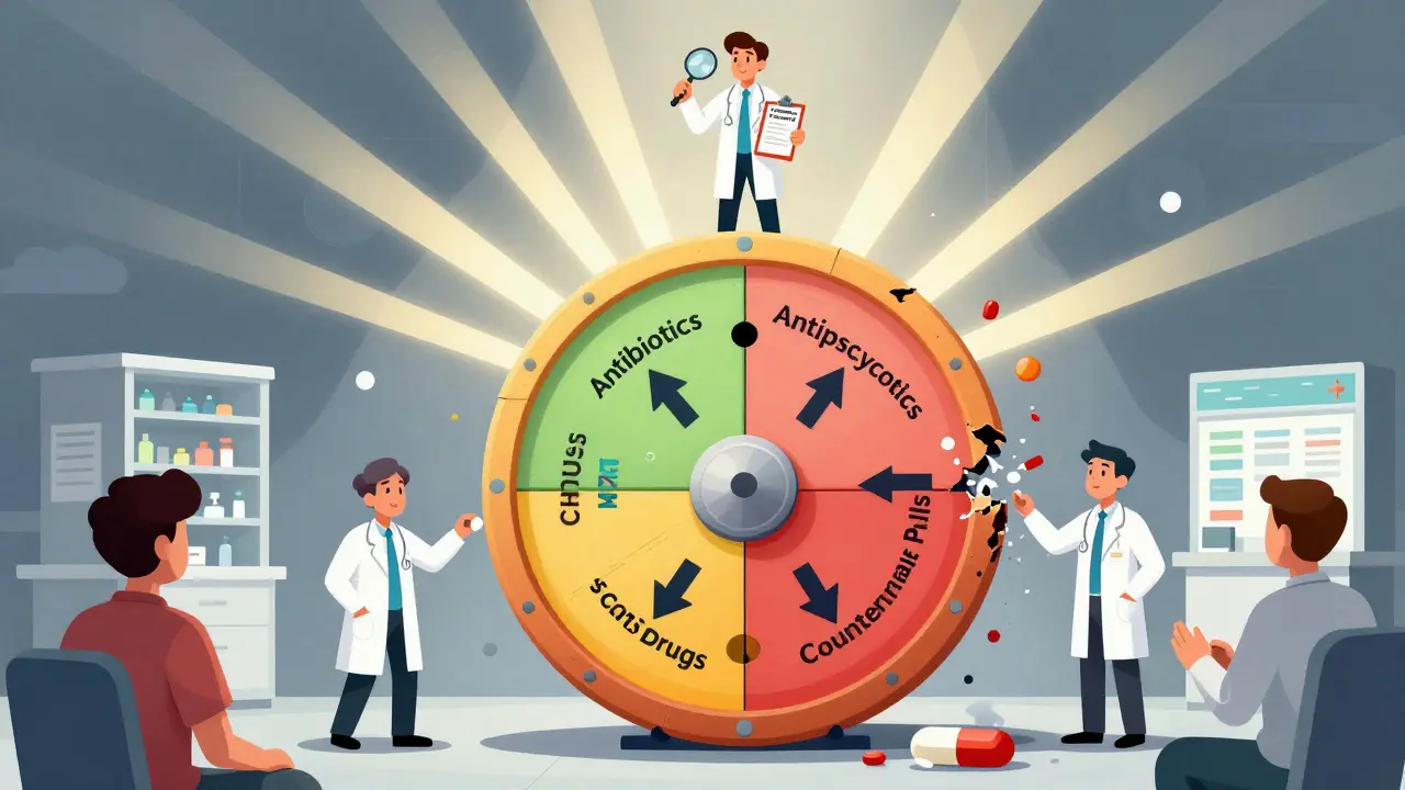 A crumbling medication wheel labeled with drug categories, with a healthcare worker using safety practices to break the cycle of errors.