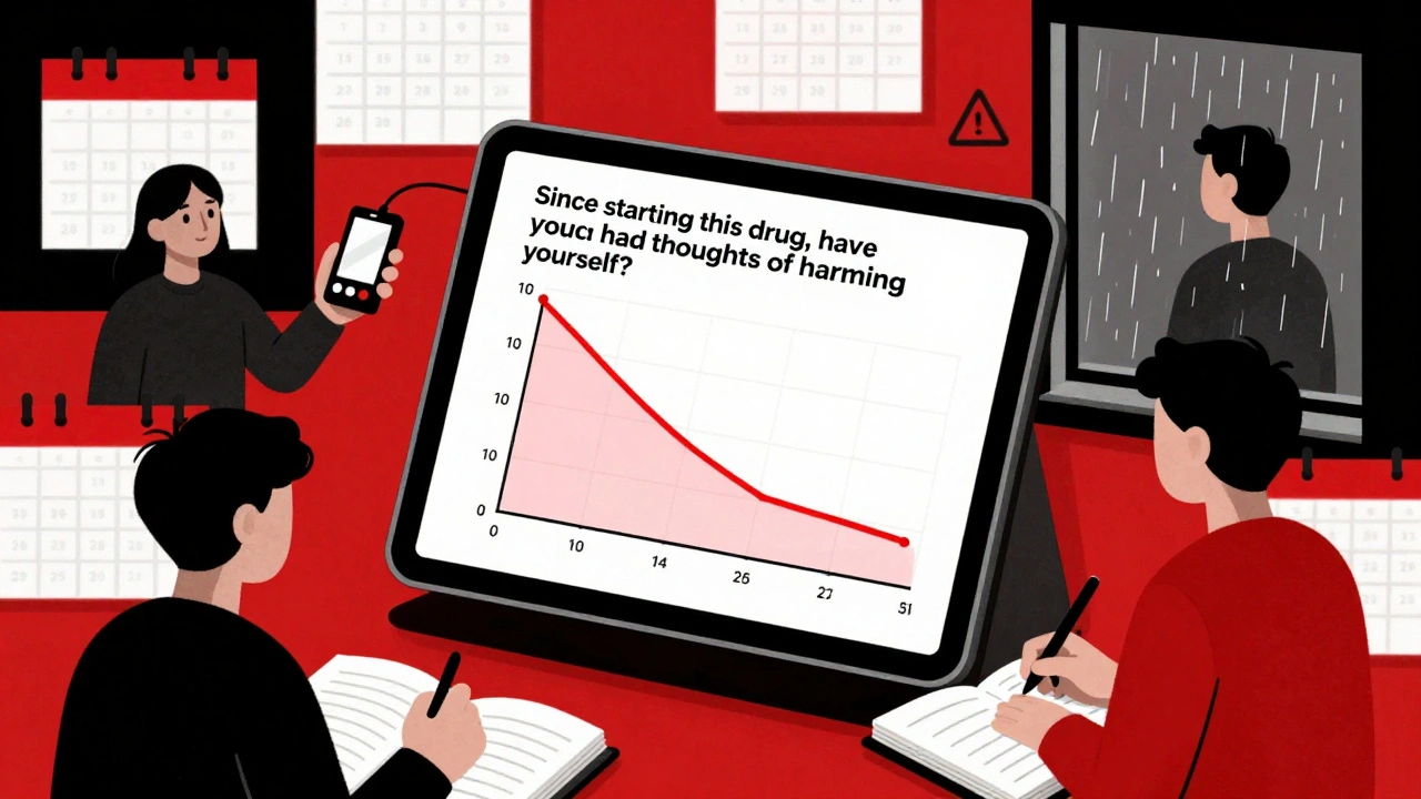 A digital mood tracker showing a sharp red dip, surrounded by teen actions like giving away items and journaling.