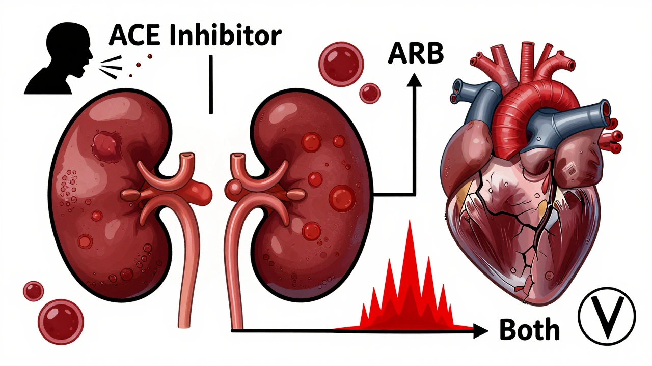 A kidney and heart with labeled blood pathways showing safe vs. dangerous drug effects, with rising potassium spikes.