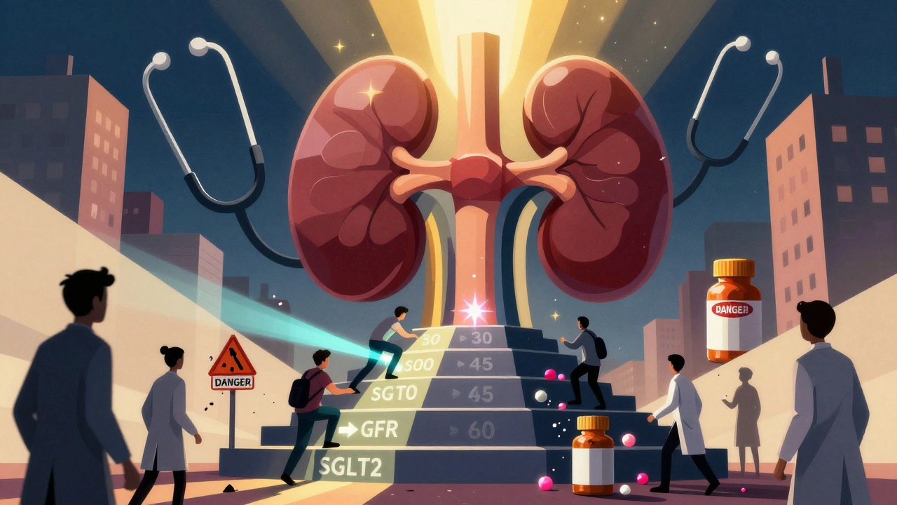 A kidney monument with patients climbing eGFR steps under SGLT2 and metformin light beams, while outdated doctors crumble in shadows.