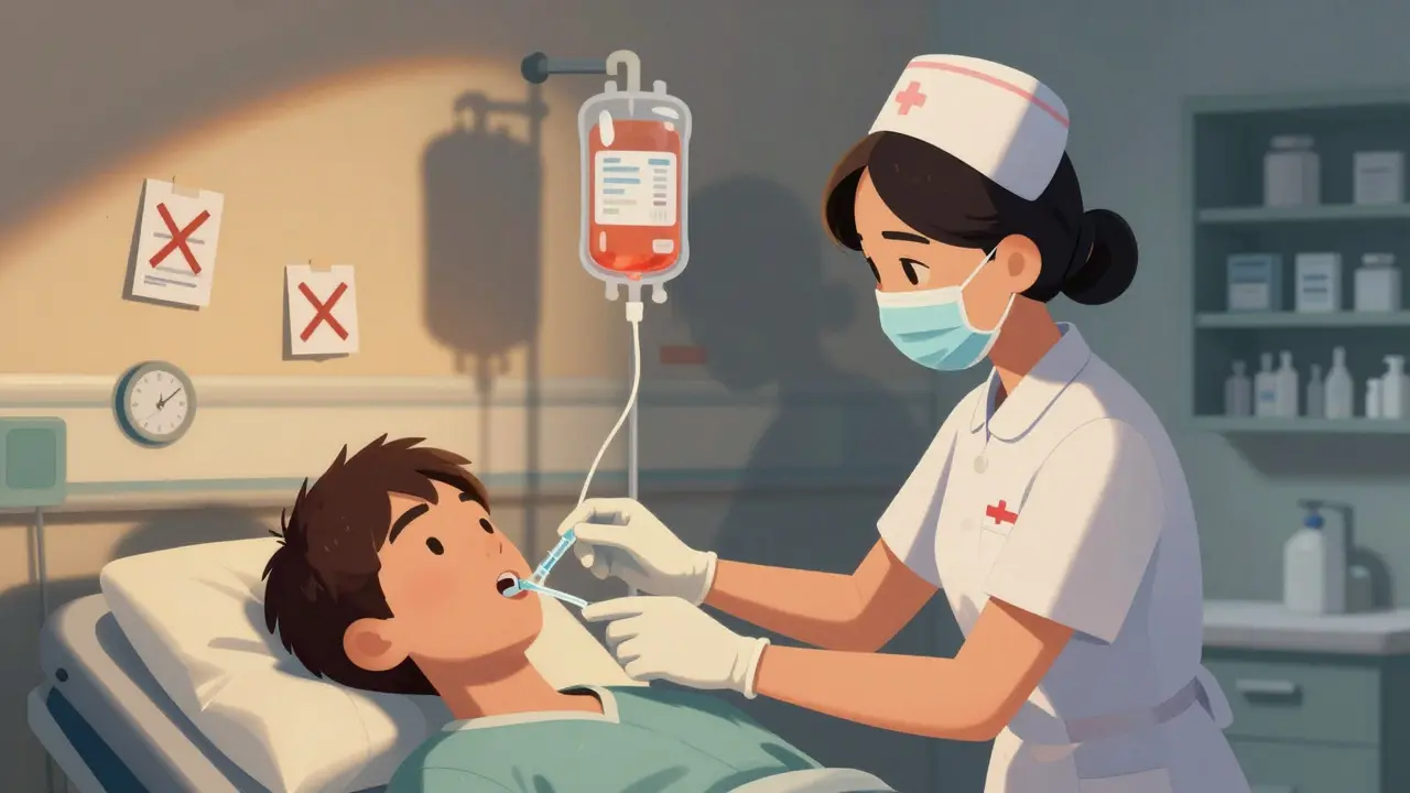 A nurse giving oral hydration as a giant shadow of an empty IV bag looms over the patient.