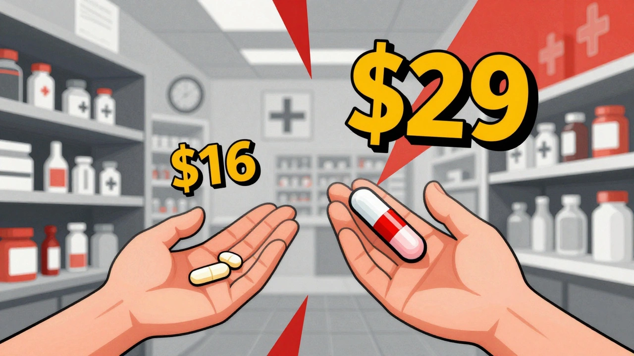 A patient holding two cheap generic pills versus one expensive combo pill, with floating price tags showing a  cost difference.