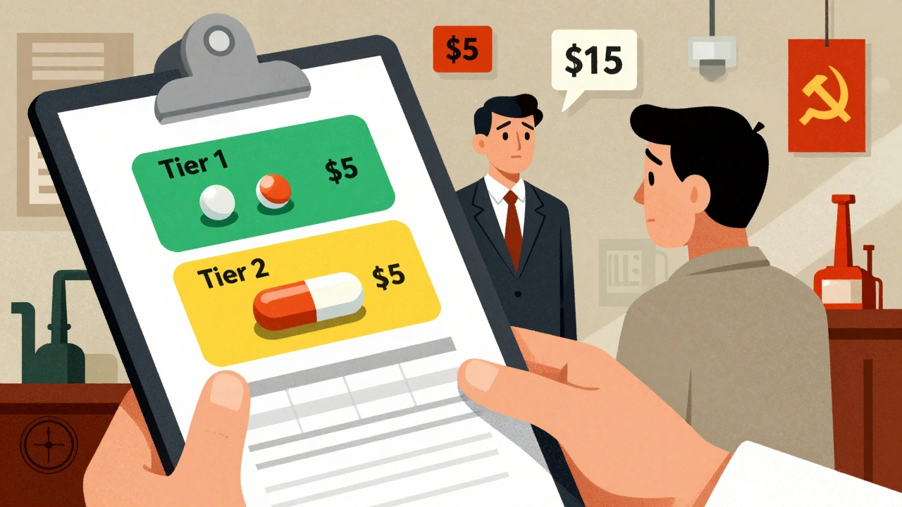 A pharmacist comparing a tiered formulary chart with separate generics on Tier 1 and a combo pill on Tier 2, in Constructivist style.