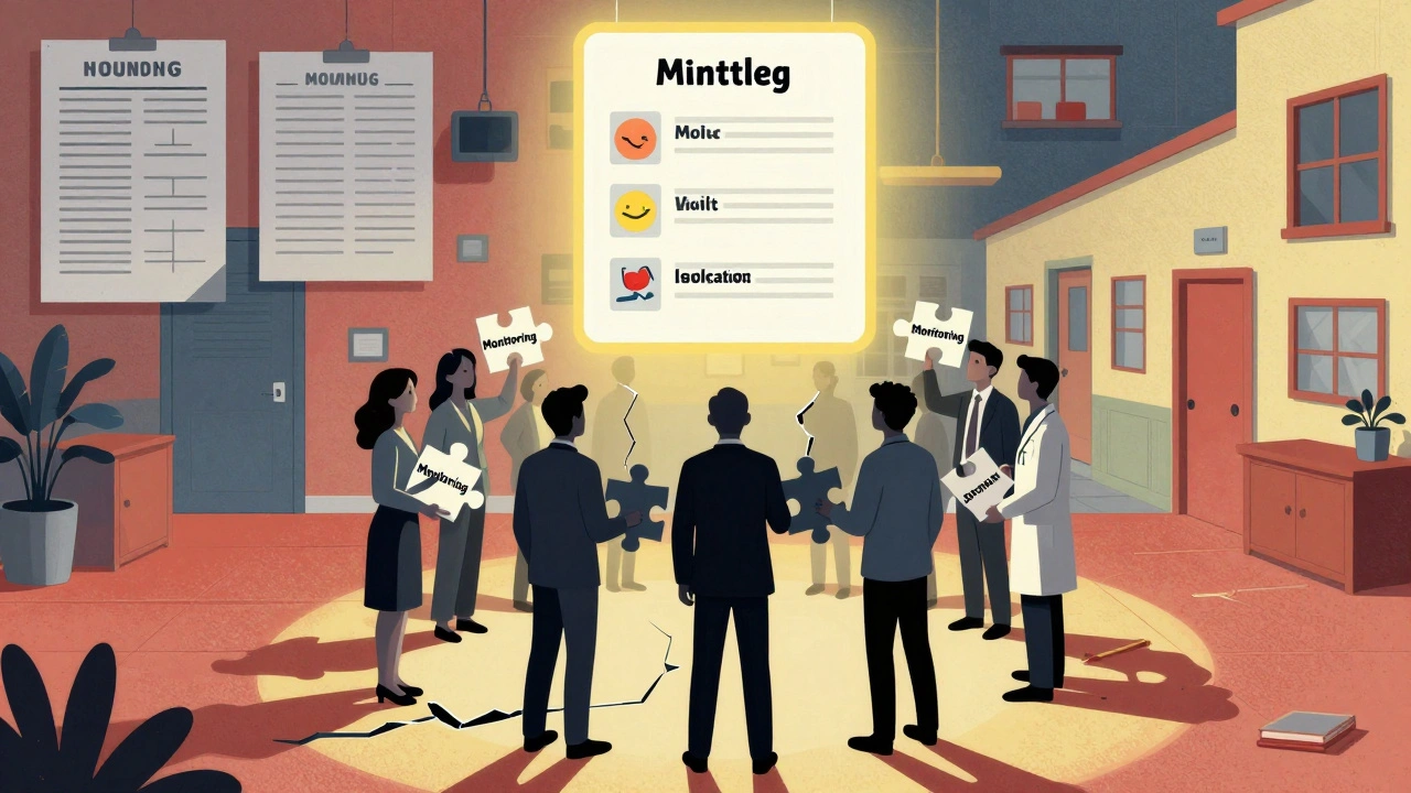 A team of adults holding puzzle pieces labeled &#039;Monitoring,&#039; with a floating checklist above them.