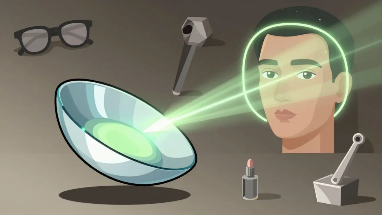 A toric lens spinning as laser light corrects astigmatism, with distorted vision resolving into clarity, in Constructivist illustration style.