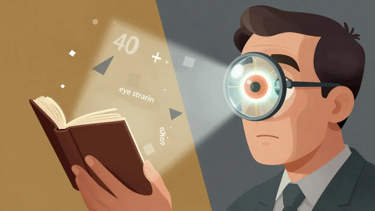 An adult holding a book far away, with convex lenses projecting light inward to correct hyperopia, rendered in angular cartoon style.