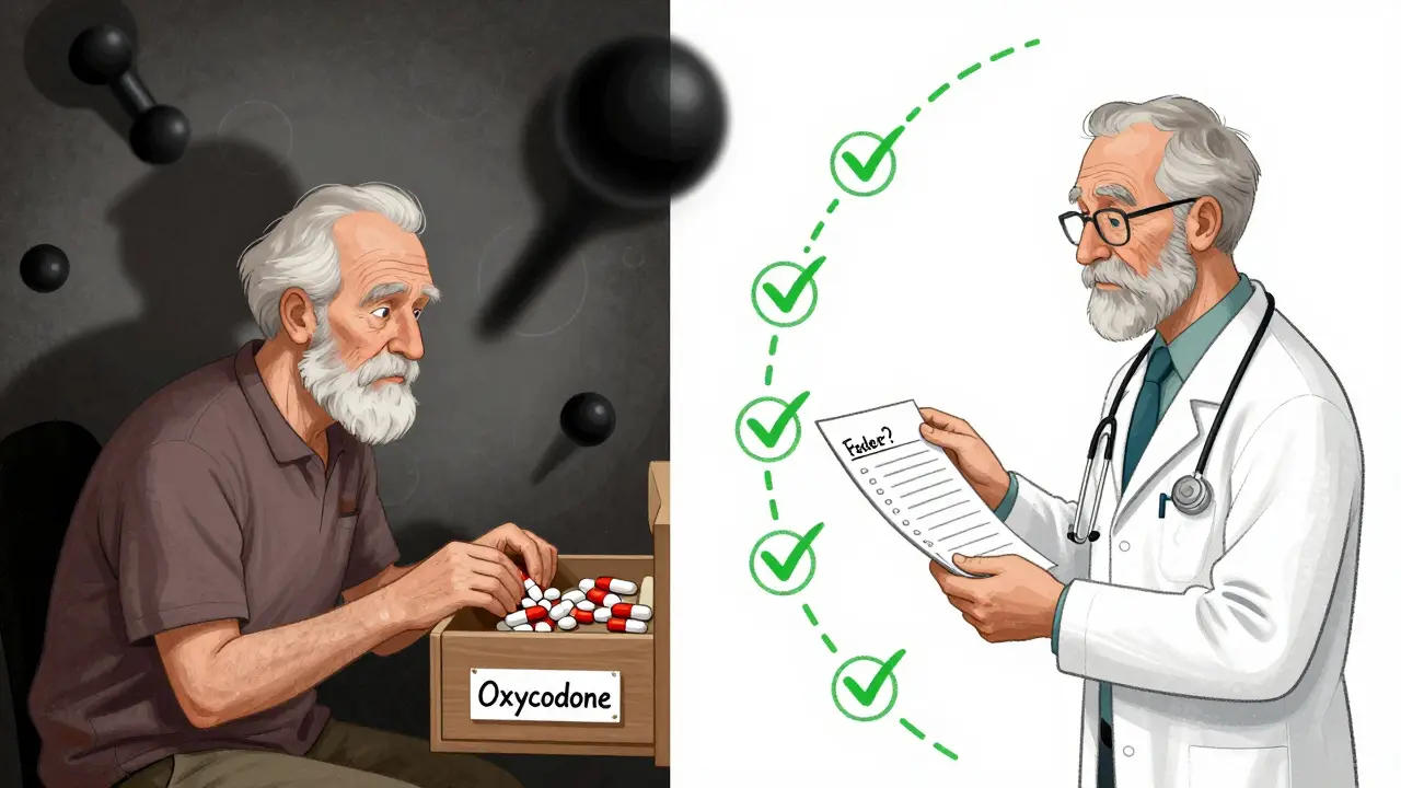 An elderly person comparing pills at home, with one side showing danger from fake drugs and the other showing safe medication management.
