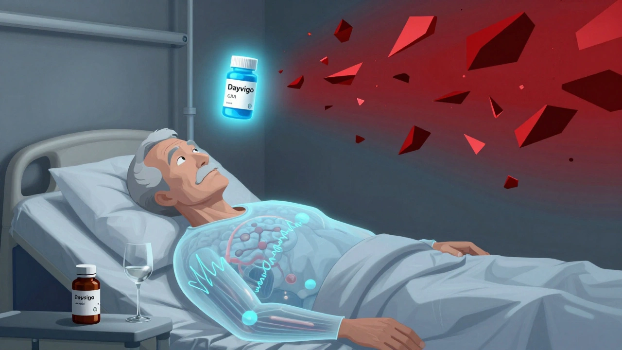 An elderly person on a hospital bed, translucent body showing brain activity, melatonin and wine beside them, while a new safe drug glows above.