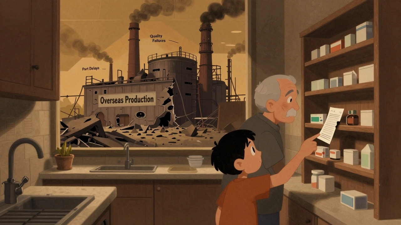 An elderly person stares at an empty medicine shelf while a child points to a torn prescription, a crumbling factory looms behind.