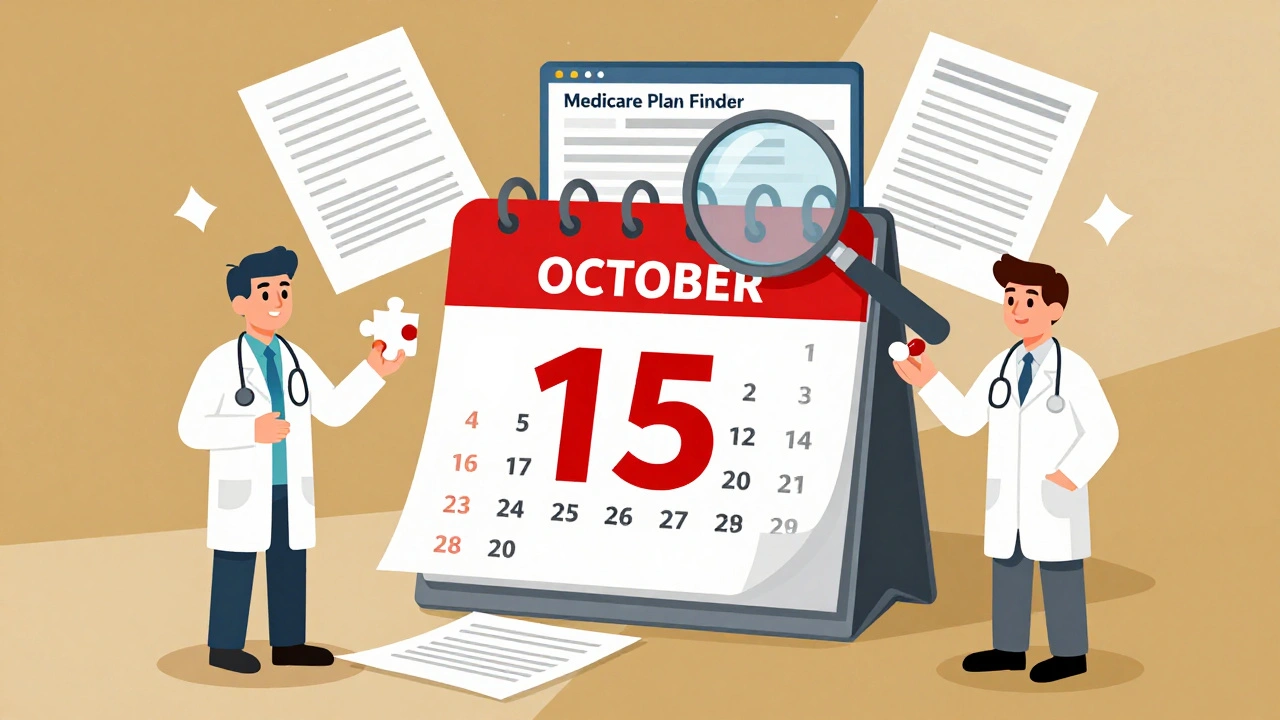 Calendar marked October 15 with formulary documents and a magnifying glass over a plan finder, doctor and pharmacist offering alternatives.