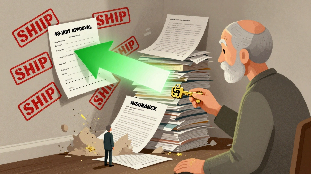 Cancer patient receiving approval arrow through denial stamps, advocate handing key labeled &#039;SHIP&#039; as paperwork crumbles behind.