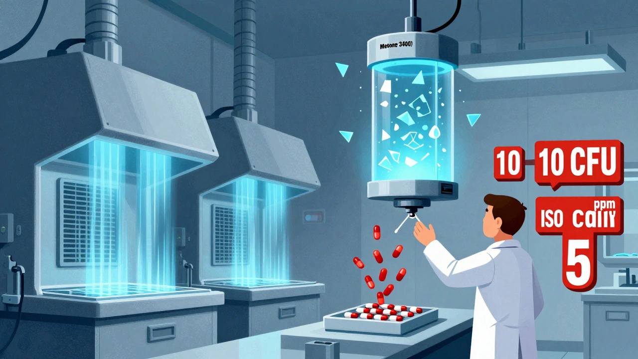 Cleanroom with geometric air filters and glowing particle counter detecting airborne particles, worker in incorrect gown triggers red alert.