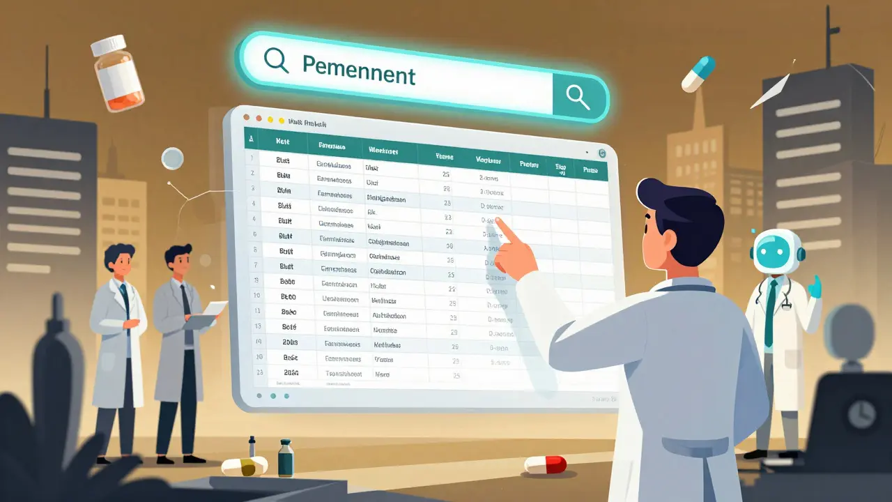 Clinician viewing a floating Excel export with permanent search link, surrounded by abstract drug regulatory symbols.
