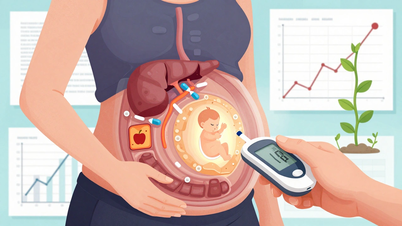 Close-up of blood glucose test with internal organs and food icons in geometric layout