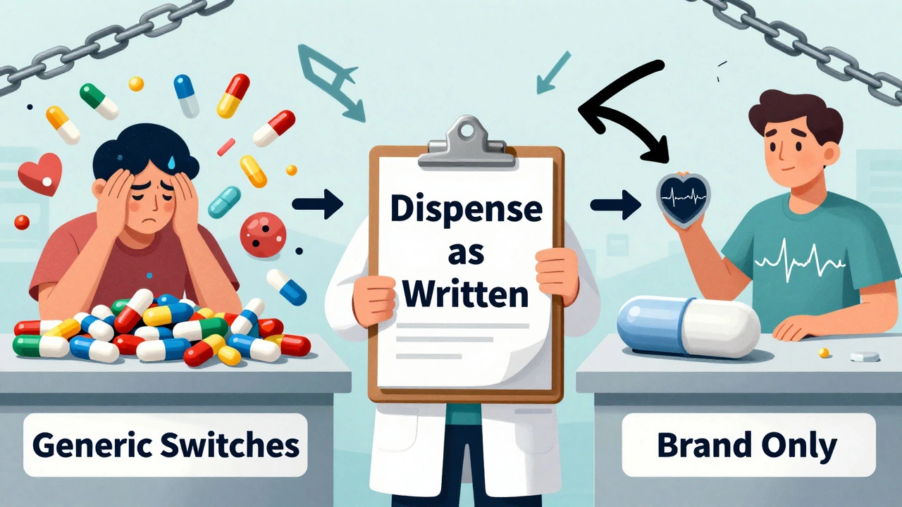 Doctor between chaotic generic pills and a calm brand-only pill, with broken insurance chains in background.