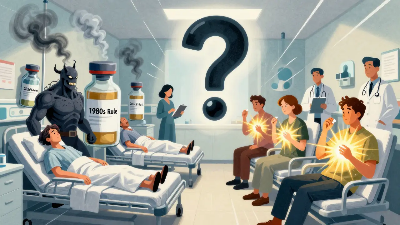 Hospital scene divided between dark vancomycin treatments and bright amoxicillin use, with a giant penicillin question mark above.