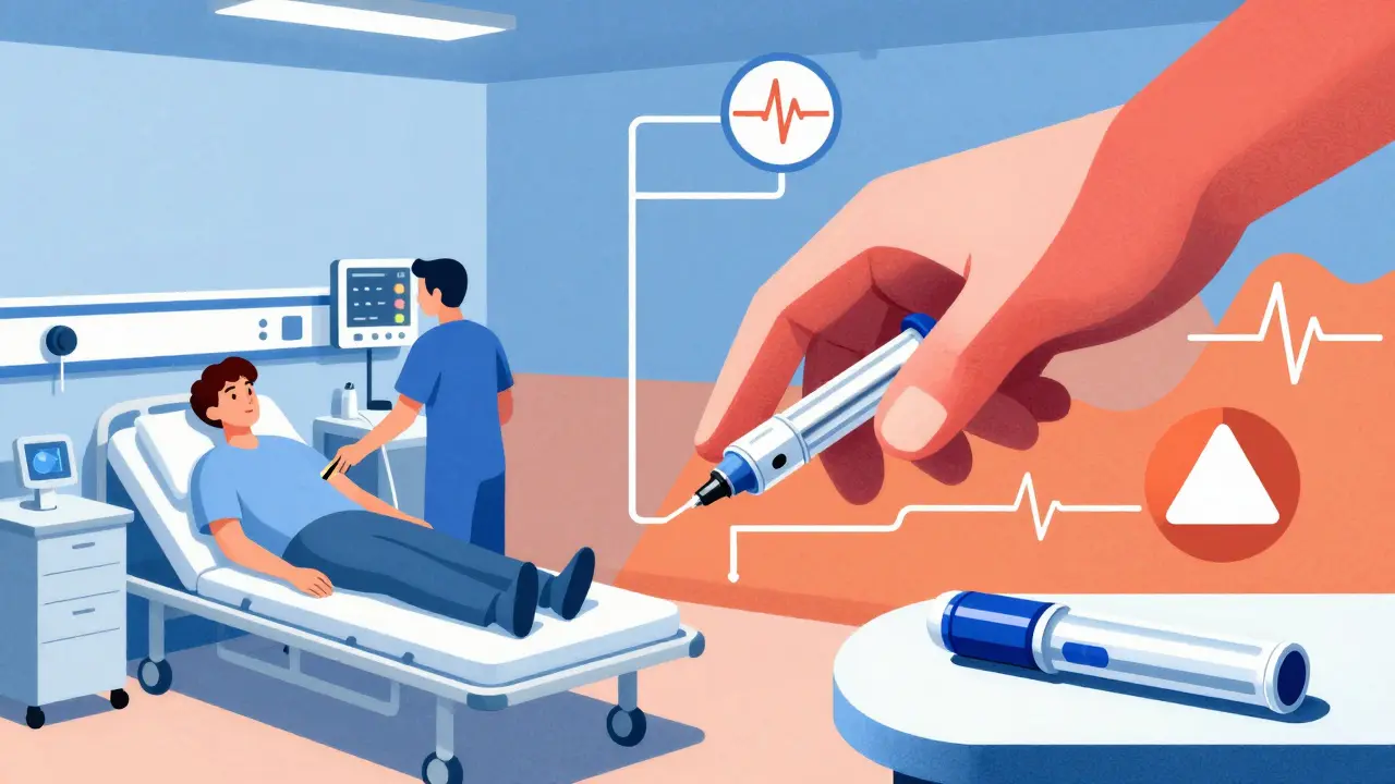Hospital scene showing patient after epinephrine use with trainer device nearby