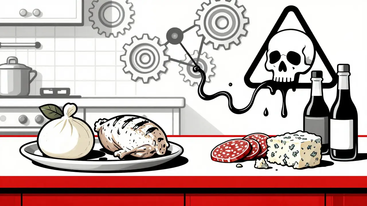Kitchen counter divided by a red line: safe fresh foods on one side, tyramine-rich cured foods oozing dark tendrils on the other, with mechanical enzyme symbols in the background.