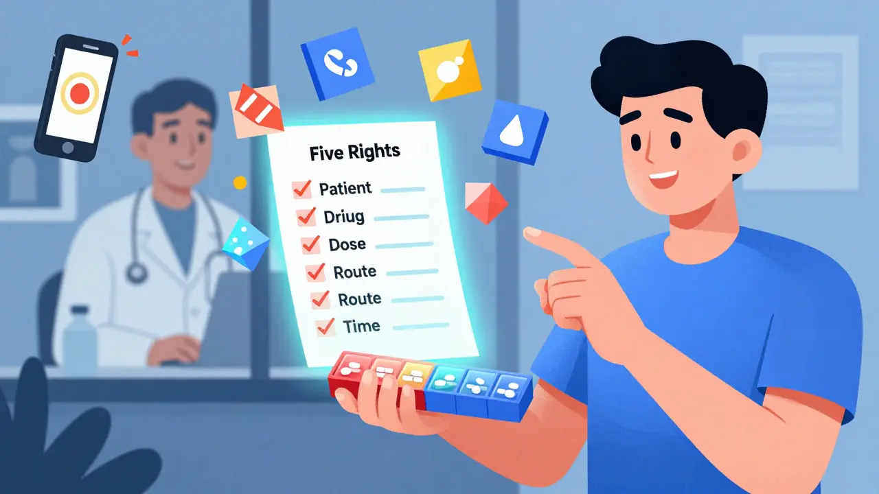 Man using color-coded pill organizer with floating safety icons and phone alarm.